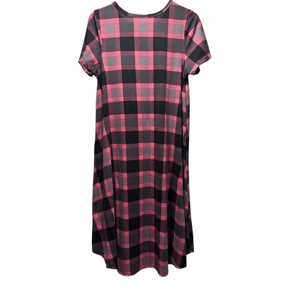 LulaRoe Carly Swing Dress Patch Pocket High Low Hemline Plaid Pink Grey Checked - Picture 5 of 11